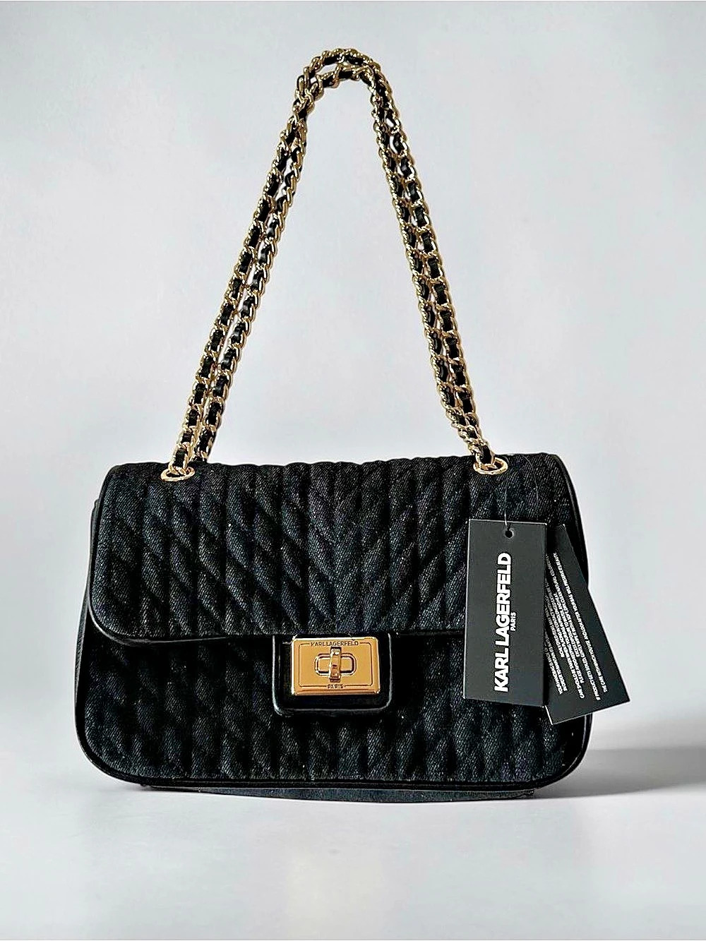 NWT Karl Lagerfeld Paris Black Quilted Denim Chain Bag